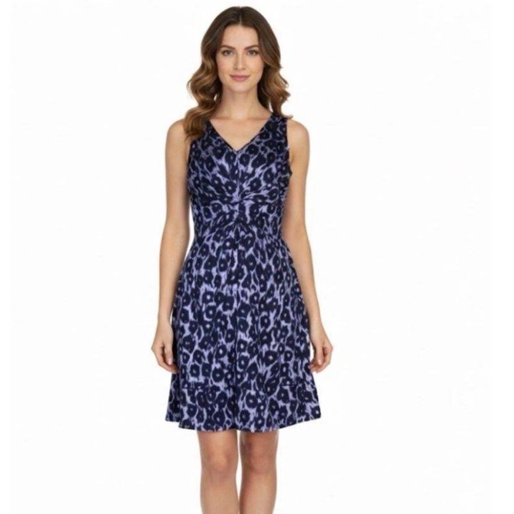 Lafayette 148 New York Dress Cotton Size 10 Purple Animal Leopard Print V-Neck